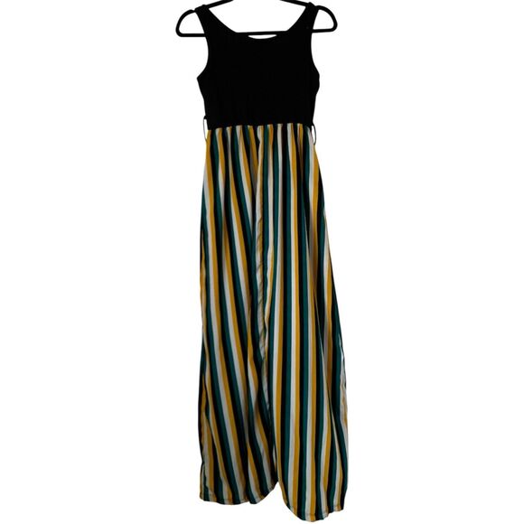 B Famous Maxi Dress Women S Black Green Yellow Stripe Stretch Flowy Vacation - Picture 2 of 9